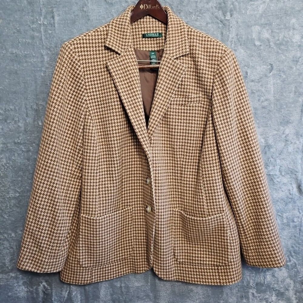 Lauren Ralph Lauren Women’s 18W Wool Nylon Houndstooth Blazer Brown beige